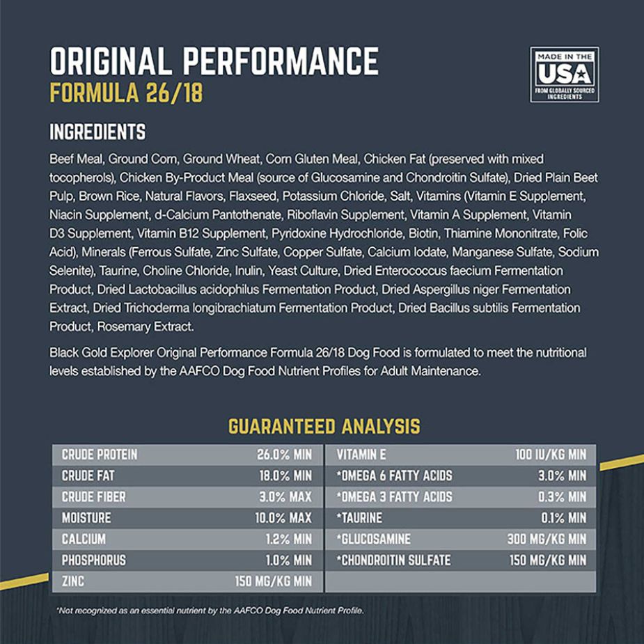 chestnut mountain black gold explorer performance dog food 50 lb bag back ingredients list