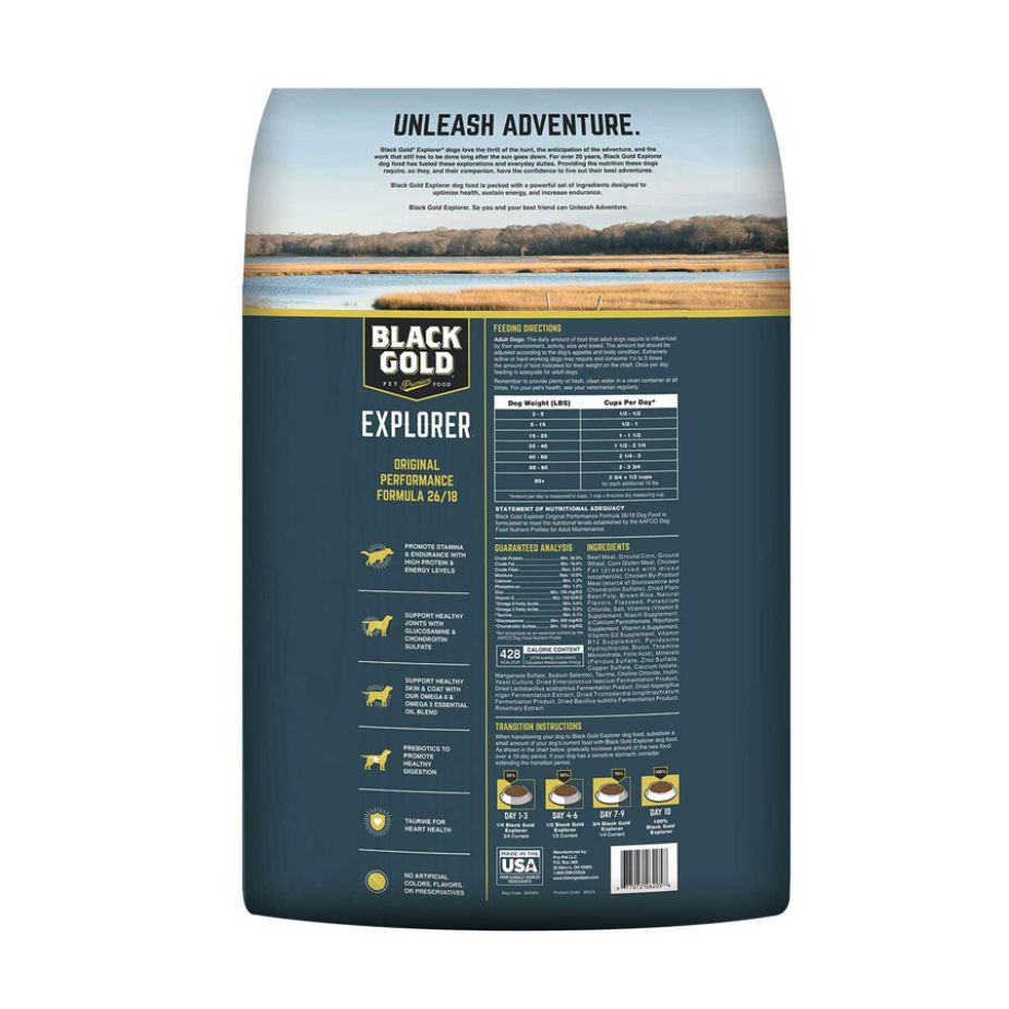 chestnut mountain black gold explorer performance dog food 50 lb bag back
